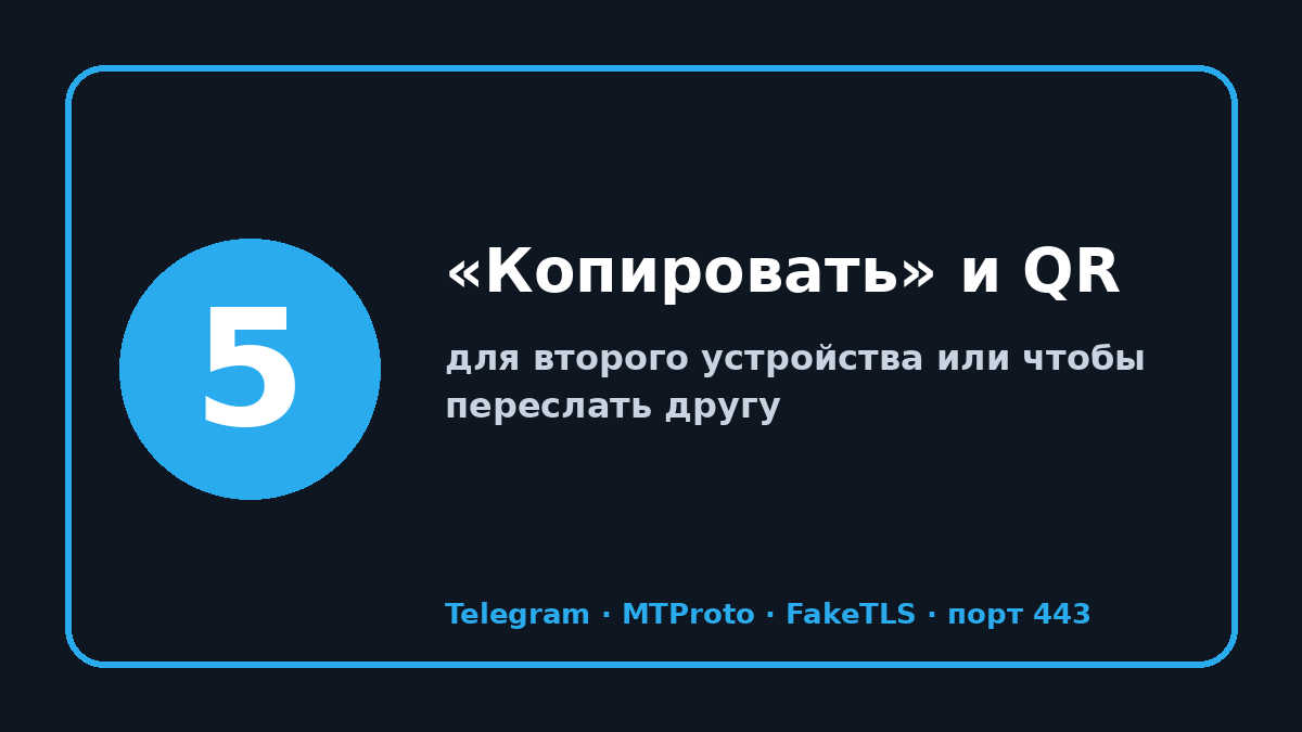 ТОП прокси телеграмм 2026: шаг 5 — «Копировать» и QR